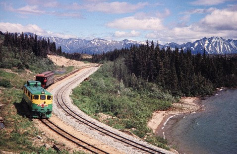 White Pass and Yukon Route diesel locomotive no. 97 pulls a short train at Fraser, British Columbia, Canada, on June 12, 1998. Photograph by Fred M. Springer, © 2014, Center for Railroad Photography and Art. Springer-Alaska-NZ-09-31