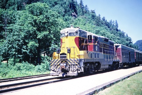 Algoma Central Railway diesel locomotive no. 170 in Agawa Canyon, Ontario, Canada, as part of the Agawa Canyon Tour Train, on July 4, 1966. Photograph by Fred M. Springer, © 2014, Center for Railroad Photography and Art. Springer-East2-22-20