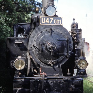 A close-up of the front view of the Československé Státní Dráhy (Czech Railways) steam locomotive no. U47-001 in Jindrichuv Hradec, Czech Republic, on May 30, 1993. Photograph by Fred M. Springer, © 2014, Center for Railroad Photography and Art. Springer-Europe-15-35