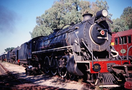 South African Railway 4-6-2 steam locomotive no. 860 or "Big Bertha" waits in a train yard in Dal Josafat, Western Cape, South Africa, on April 2, 1995. Photograph by Fred M. Springer, © 2014, Center for Railroad Photography and Art. Springer-So.Africa-NOR-SWE-06-02
