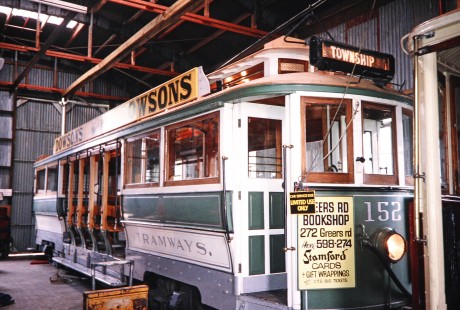 Christchurch Tramways streetcar no. 152 inside the car barn in Ferrymead, Christchurch, New Zealand, on January 15, 1994. Photograph by Fred M. Springer, © 2014, Center for Railroad Photography and Art. Springer-NZ(1)-09-03