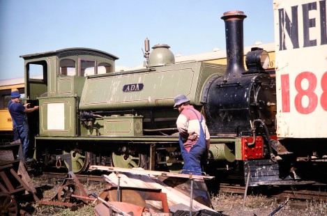 Workers examine Glenbrook Vintage Railway 0-6-0 steam locomotive no. 233 or "Ada" at the Pukeoware yard in Glenbrook, Franklin District, New Zealand, on January 29, 1994. Photograph by Fred M. Springer, © 2014, Center for Railroad Photography and Art. Springer-NZ(1)-24-07