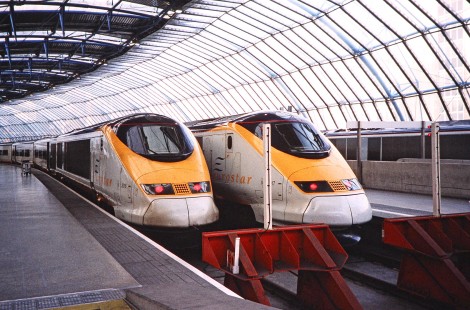 Two Eurostar trains sit at the end of a platform track in Paris, Ile-de-France, France, on February 28, 1999. Photograph by Fred M. Springer, © 2014, Center for Railroad Photography and Art. Springer-FRA-SD&AE-C&TS(1)-01-21
