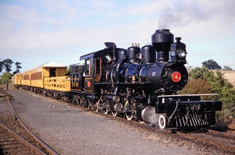 Glenbrook Vintage Railway steam locomotive no. 4 in Glenbrook, , New Zealand, on January 29, 1994. Photograph by Fred M. Springer, © 2014, Center for Railroad Photography and Art. Springer-NZ-UK-02-21