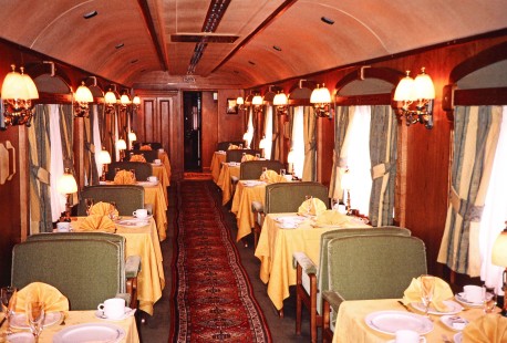 Inside a dining train car in El Ferrol, Spain, on July 8, 2001. 
Photograph by Fred M. Springer, © 2014, Center for Railroad Photography and Art. Springer-Spain-BNSF-05-06