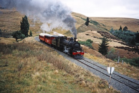 Weka Pass Express Railway steam locomotive no. 428 cuts across the hilly terrain in Waipara, Canterbury, New Zealand, on January 15, 1996. Photograph by Fred M. Springer, © 2014, Center for Railroad Photography and Art. Springer-NZ(2)-15-25