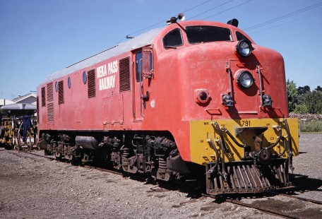 Weka Pass Railway diesel locomotive no. 791 in the Weka Pass Railway yard in Waipara, North Canterbury, New Zealand, on January 16, 1994. Photograph by Fred M. Springer, © 2014, Center for Railroad Photography and Art. Springer-NZ(1)-10-05