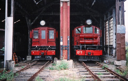 Locomotives nos. E3 and Ec7 stand side by side at the engine house in Ferrymead, Christchurch, New Zealand, on the rainy day of January 15, 1994. Photograph by Fred M. Springer, © 2014, Center for Railroad Photography and Art. Springer-NZ(1)-09-09