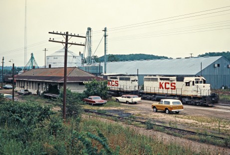 Southbound Kansas City Southern Railway freight train at station in Watts, Oklahoma, on July 16, 1977. Photograph by John F. Bjorklund, © 2016, Center for Railroad Photography and Art. Bjorklund-61-05-08