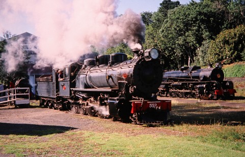 Glenbrook Vintage Railway steam locomotives nos. 552 and 1236 in Auckland, Auckland, New Zealand, on January 3, 2004. Photograph by Fred M. Springer, © 2014, Center for Railroad Photography and Art. Springer-Canada-NZ(1)-21-31