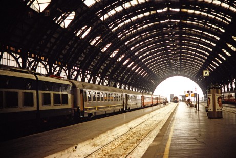 Milan Central Station in Milan, Lombardy, Italy, on March 11, 1992. Photograph by Fred M. Springer, © 2014, Center for Railroad Photography and Art. Springer-ZimZam(2)-Swiss-07-23