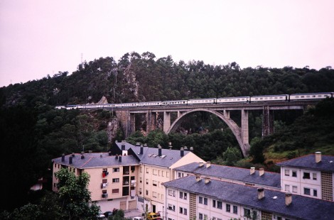 Passenger train crossing a bridge near Luarca, Valdes, Spain, on July 8, 2001. Photograph by Fred M. Springer, © 2014, Center for Railroad Photography and Art. Springer-Spain-BNSF-07-17.