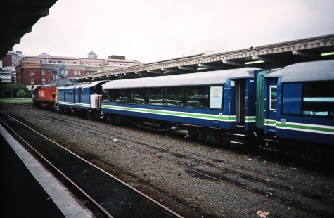 The <i>Overlander</i> passenger train pulls up to the platform in Auckland, Auckland/Manawatu-Wanganui, New Zealand, on January 4, 1994. Photograph by Fred M. Springer, © 2014, Center for Railroad Photography and Art. Springer-NZ(1)-01-31