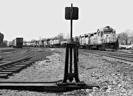 Northbound empty coal train passes through Kansas City Southern Railway yard at Wickes, Arkansas in November 1984. Photograph by J. Parker Lamb, © 2016, Center for Railroad Photography and Art. Lamb-02-073-01