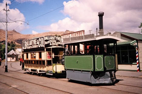 Steam tram no. 7 at the square in Christchurch, Marlborough/Canterbury, New Zealand, on January 20, 2004. Photograph by Fred M. Springer, © 2014, Center for Railroad Photography and Art. Springer-Australia-NZ(2)-20-04