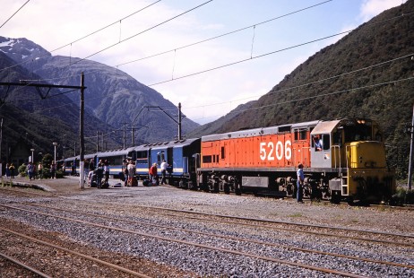 Workers and passengers surround Trans Alpine diesel locomotive no. 5206 and its passenger train near Lake Sara, New Zealand, on January 17, 1994. Photograph by Fred M. Springer, © 2014, Center for Railroad Photography and Art. Springer-NZ(1)-13-24