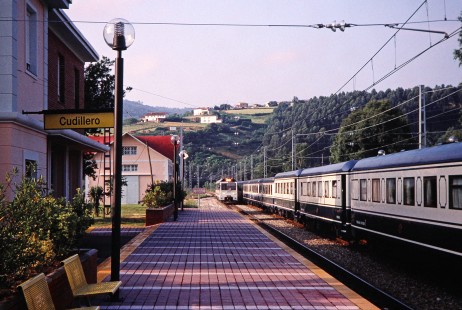 A look from the platform at the Cudillero train station in Cudillero, Asturias, Spain, on July 8, 2001. Photograph by Fred M. Springer, © 2014, Center for Railroad Photography and Art. Springer-Spain-BNSF-08-37