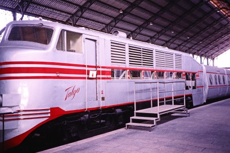 Talgo passenger train at a station in Madrid, Spain, on July 15, 2001. Photograph by Fred M. Springer, © 2014, Center for Railroad Photography and Art. Springer-Spain-BNSF-16-15