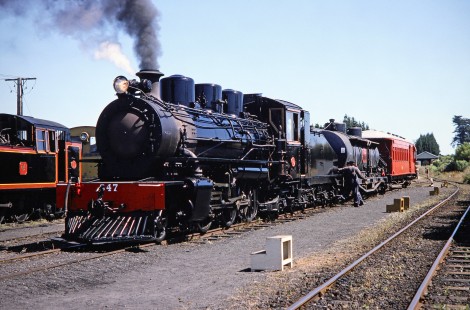 Glenbrook Vintage Railway steam locomotive no. 847 is stopped in the Pukeoware yard for servicing in Glenbrook, New Zealand, on January 29, 1994. Photograph by Fred M. Springer, © 2014, Center for Railroad Photography and Art. Springer-NZ-UK-02-31