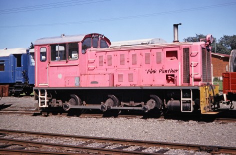 "Pink Panther" diesel locomotive car waits in the Weka Pass Railway yard in Waipara, North Canterbury, New Zealand, on January 16, 1994. Photograph by Fred M. Springer, © 2014, Center for Railroad Photography and Art. Springer-NZ(1)-10-16