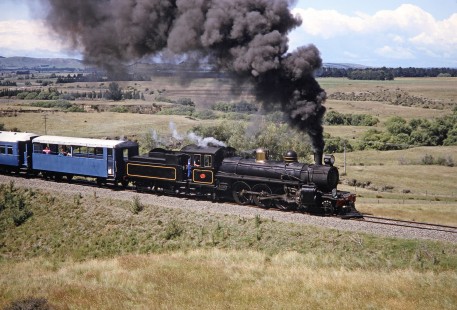 Weka Pass Railway/Trans Alpine steam locomotive no. 428 crosses grassy fields in Waipara, North Canterbury, New Zealand, on January 16, 1994. Photograph by Fred M. Springer, © 2014, Center for Railroad Photography and Art. Springer-NZ(1)-11-35