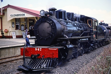 Glenbrook Vintage Railway steam locomotive no. 847 in Glenbrook, New Zealand, on January 29, 1994. Photograph by Fred M. Springer, © 2014, Center for Railroad Photography and Art. Springer-NZ-UK-01-20