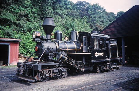 Climax steam locomotive no. 1205 outside the shed in Greymouth, West Coast, New Zealand, on January 17, 1996. Photograph by Fred M. Springer, © 2014, Center for Railroad Photography and Art. Springer-NZ(2)-16-14