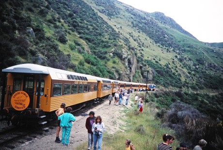 Passengers on the <i>Taieri Gorge Limited</i> train take in the scenery at Dunedin, Otago, New Zealand, on January 8, 1996. Photograph by Fred M. Springer, © 2014, Center for Railroad Photography and Art. Springer-NZ(2)-10-27