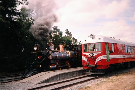 Steam locomotive no. 88 sits parallel to a diesel railcar at the platform in Ashburton, Canterbury, New Zealand, on January 21, 2004. Photograph by Fred M. Springer, © 2014, Center for Railroad Photography and Art. Springer-Australia-NZ(2)-21-01