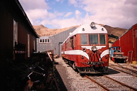 A railcar waits for its next journey in Christchurch, Marlborough/Canterbury, New Zealand, on January 20, 2004. 
Photograph by Fred M. Springer, © 2014, Center for Railroad Photography and Art. Springer-Australia-NZ(2)-20-05