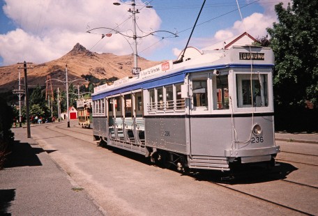 A electric streetcar no. 236 to Toowong moves along its track in Christchurch, Marlborough/Canterbury, New Zealand, on January 20, 2004. Photograph by Fred M. Springer, © 2014, Center for Railroad Photography and Art. Springer-Australia-NZ(2)-20-03