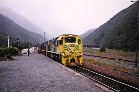 Toll Rail diesel locomotive no. 5172  leads a freight train past the platform in Arthur's Pass Village, Canterbury, New Zealand, on January 11, 2006. Photograph by Fred M. Springer, © 2014, Center for Railroad Photography and Art. Springer-Alaska-NZ-19-18