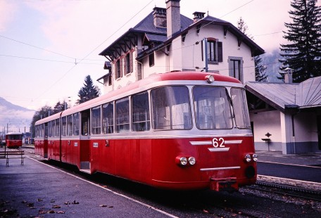 Saint-Bernard Express passenger car no. 62 in front of a station in Chamonix, France, on October 27, 2000. Photograph by Fred M. Springer, © 2014, Center for Railroad Photography and Art. Springer-Swiss(2)-10-10