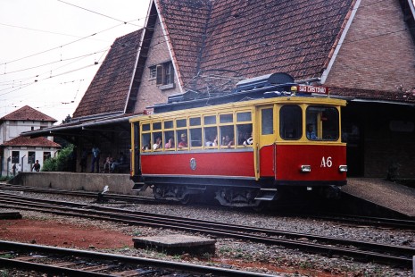 Streetcar A-6 to Sao Cristovao stops at the station in Campos do Jordao, Sao Paulo, Brazil, on November 2, 1990. Photograph by Fred M. Springer, © 2014, Center for Railroad Photography and Art. Springer-PA-BR-SOAM-ME-ARG2-10-07
