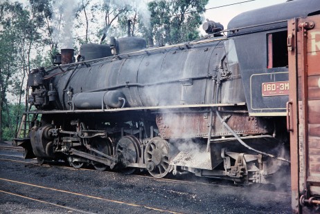 A side view of the Rede Ferroviária Federal S.A. 2-8-2 steam locomotive no. 160 at Turbarao Yards in Tubarao, Santa Catarina, on October 30, 1990. Photograph by Fred M. Springer, © 2014, Center for Railroad Photography and Art. Springer-PA-BR-SOAM-ME-ARG2-06-37