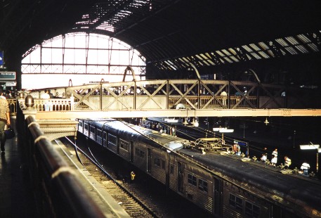 A train viewed from above the upper level of Luz Station in Sao Paulo, Brazil, on October 27, 1990. Photograph by Fred M. Springer, © 2014, Center for Railroad Photography and Art.Springer-PA-BR-SOAM-ME-ARG2-02-33