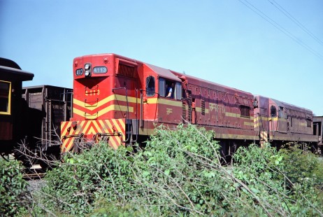 Rede Ferroviária Federal S.A. diesel locomotive no. 4113 and its engineer wait on the track in Ivara, Santa Catarina, Brazil, on October 28, 1990. Photograph by Fred M. Springer, © 2014, Center for Railroad Photography and Art. Springer-PA-BR-SOAM-ME-ARG2-03-26