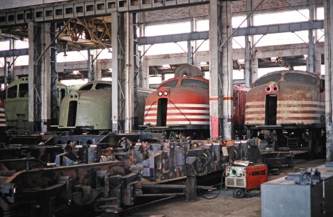 Ferrovia Paulista S.A. (later merged with RFFSA) electric locomotives are placed in repair lanes in Paulista, Sao Paulo, Brazil, on October 31, 1990. Photograph by Fred M. Springer, © 2014, Center for Railroad Photography and Art. Springer-PA-BR-SOAM-ME-ARG2-07-18