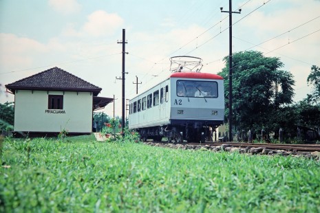 Streetcar A-2 at Piracuama station in Piracuama, Brazil, on November 2, 1990. Photograph by Fred M. Springer, © 2014, Center for Railroad Photography and Art. Springer-PA-BR-SOAM-ME-ARG2-10-34
