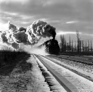 View of eastbound New York Central (NYC) passenger train no. 44, a local that ran from Chicago to Detroit, at Wayne, Michigan, on a frigid afternoon in 1946. Photograph by Robert A. Hadley. © 2016, Center for Railroad Photography and Art