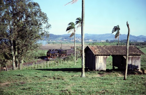2-10-2 steam locomotive no. 209 passes areas of farmland as it moves toward Tubarao, Santa Catarina, Brazil, on October 28, 1990. Photograph by Fred M. Springer, © 2014, Center for Railroad Photography and Art. Springer-PA-BR-SOAM-ME-ARG2-02-02