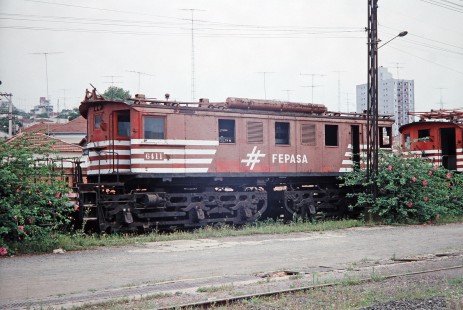 Ferrovia Paulista S.A. (later merged with RFFSA) electric locomotive no. 6411 in Paulista, Sao Paulo, Brazil, on October 30, 1990. This train was tended and preserved by the Associação Brasileira de Preservação Ferroviária or ABPF as well. Photograph by Fred M. Springer, © 2014, Center for Railroad Photography and Art. Springer-PA-BR-SOAM-ME-ARG2-07-13