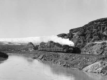 Chicago, Burlington, & Quincy (CBQ) steam locomotive leading a passenger train along the Big Horn River in Wyoming, circa 1950. Photograph by Robert A. Hadley. © 2016, Center for Railroad Photography and Art