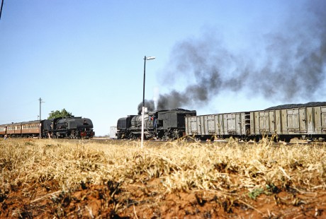 Two National Railways of Zimbabwe Garratt steam locomotives (no. 417 and another) prepare to pass one another on separate tracks in Bulawayo, Zimbabwe, on August 4, 1991. Photograph by Fred M. Springer, © 2014, Center for Railroad Photography and Art. Springer-Hedjaz-ZimZam(1)-21-21
