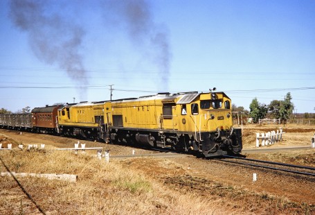 National Railways of Zimbabwe diesel locomotive no. 1041 passes through a railroad crossing near Bulawayo, Zimbabwe, on August 4, 1991. Photograph by Fred M. Springer, © 2014, Center for Railroad Photography and Art. Springer-Hedjaz-ZimZam(1)-21-16