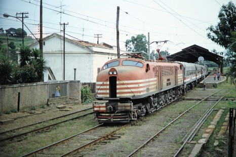 A young girl looks out of her backyard to see the Ferrovia Paulista S.A. (later merged with RFFSA) passenger train in Valinhos, Sao Paulo, Brazil, on October 30, 1990. This train was tended and preserved by the Associação Brasileira de Preservação Ferroviária or ABPF as well. Photograph by Fred M. Springer, © 2014, Center for Railroad Photography and Art. Springer-PA-BR-SOAM-ME-ARG2-07-01