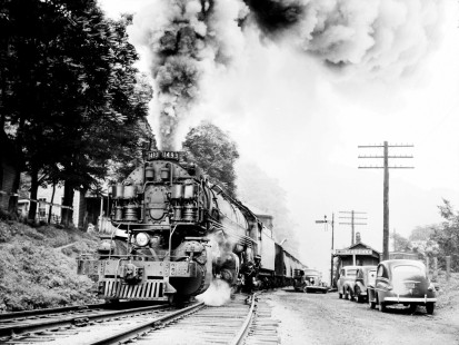Chesapeake and Ohio (CO) Railway 2-6-6-2 steam locomotive #1493 passes through Whitesville, West Virginia, in 1948. Photograph by Robert A. Hadley © 2017, Center for Railroad Photography and Art