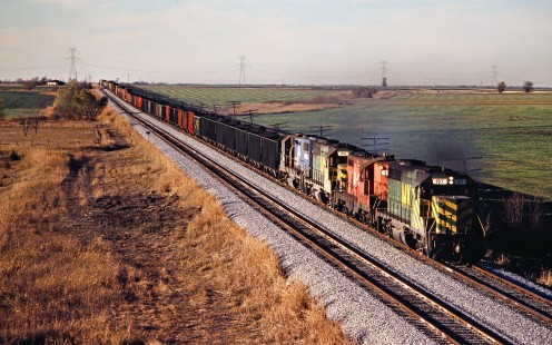 Southbound Missouri–Kansas–Texas Railroad freight train in Trenton, Texas, on November 28, 1980. Photograph by John F. Bjorklund, © 2016, Center for Railroad Photography and Art. Bjorklund-70-04-05