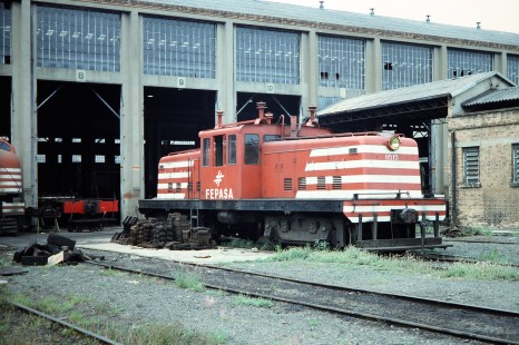 Ferrovia Paulista S.A. (later merged with RFFSA) center-cab switcher no. 6515 sits outside of bay 9 at the shop in Paulista, Sao Paulo, Brazil, on October 31, 1990. Photograph by Fred M. Springer, © 2014, Center for Railroad Photography and Art. Springer-PA-BR-SOAM-ME-ARG2-07-21
