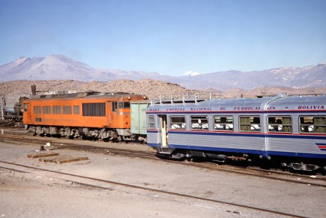 Empresa Nacional de Ferrocarriles Bolivia railcar no. M323 in a central Chile yard as it trips between La Paz, Pedro Domingo Murillo, Bolivia, and Arica, Arica, Chile on October 2, 1992. Photograph by Fred M. Springer, © 2014, Center for Railroad Photography and Art. Springer-ARG-PA-CHI-BO2-15-11